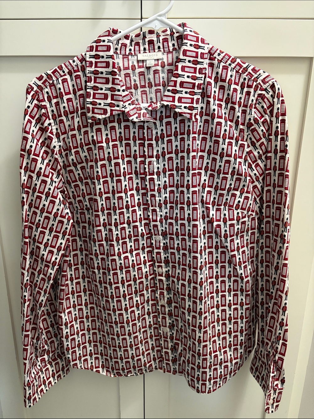 Talbots White Blouse with Red Telephone Booth Print